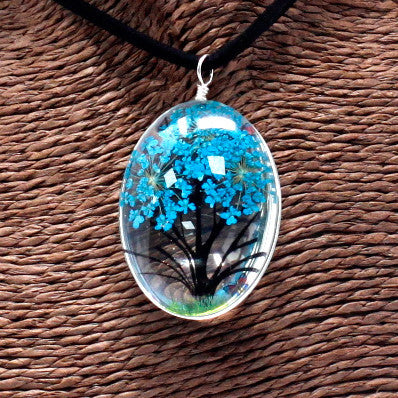 Fleurs pressées - Arbre de vie - Bleu vert
