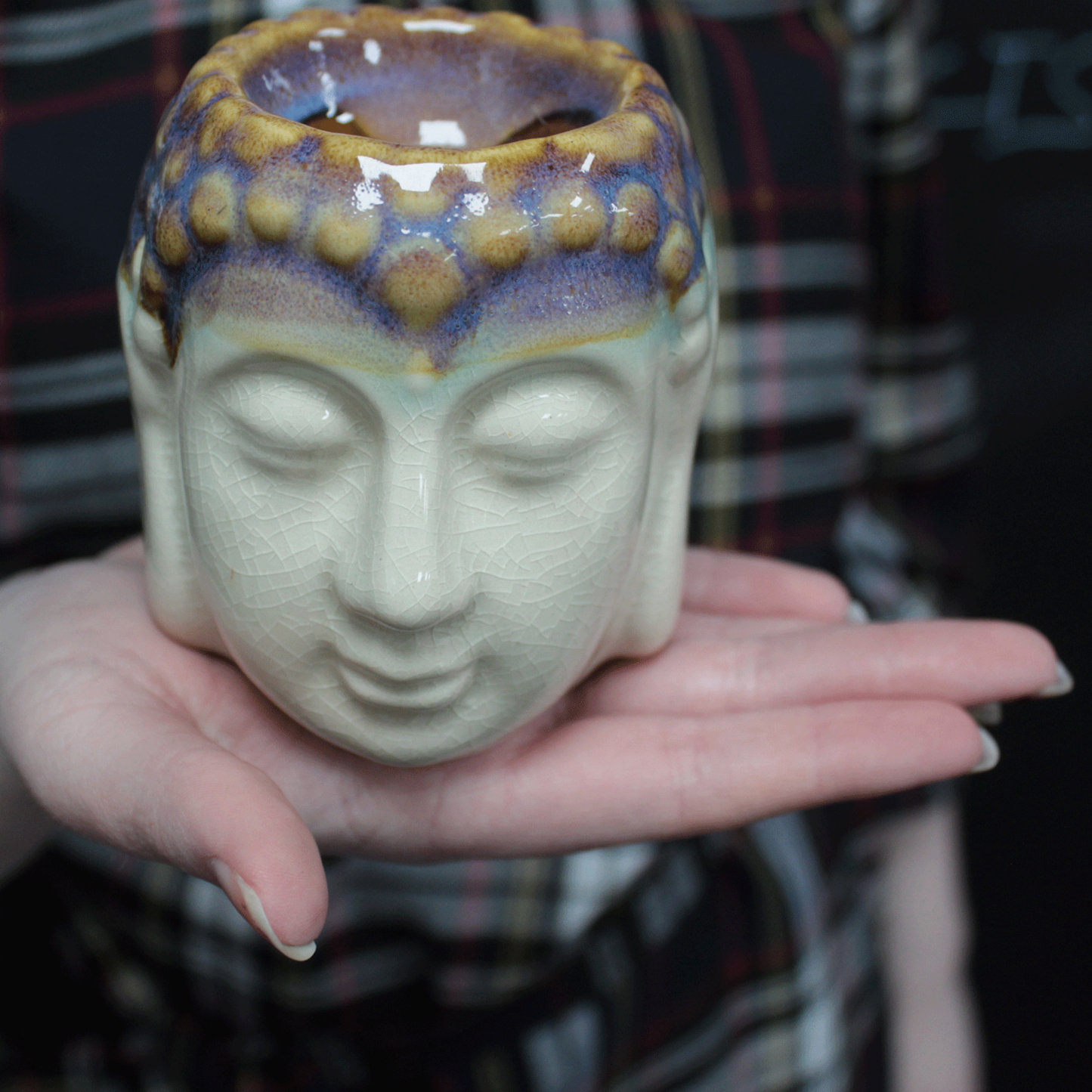 Brûleur à huile visage de Bouddha - Ivoire et bleu