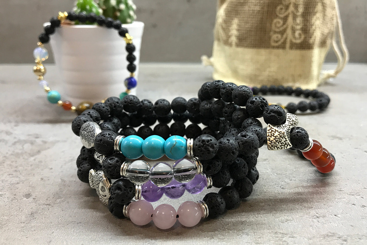 Lavastein Armband - Buddha - Rosenquarz