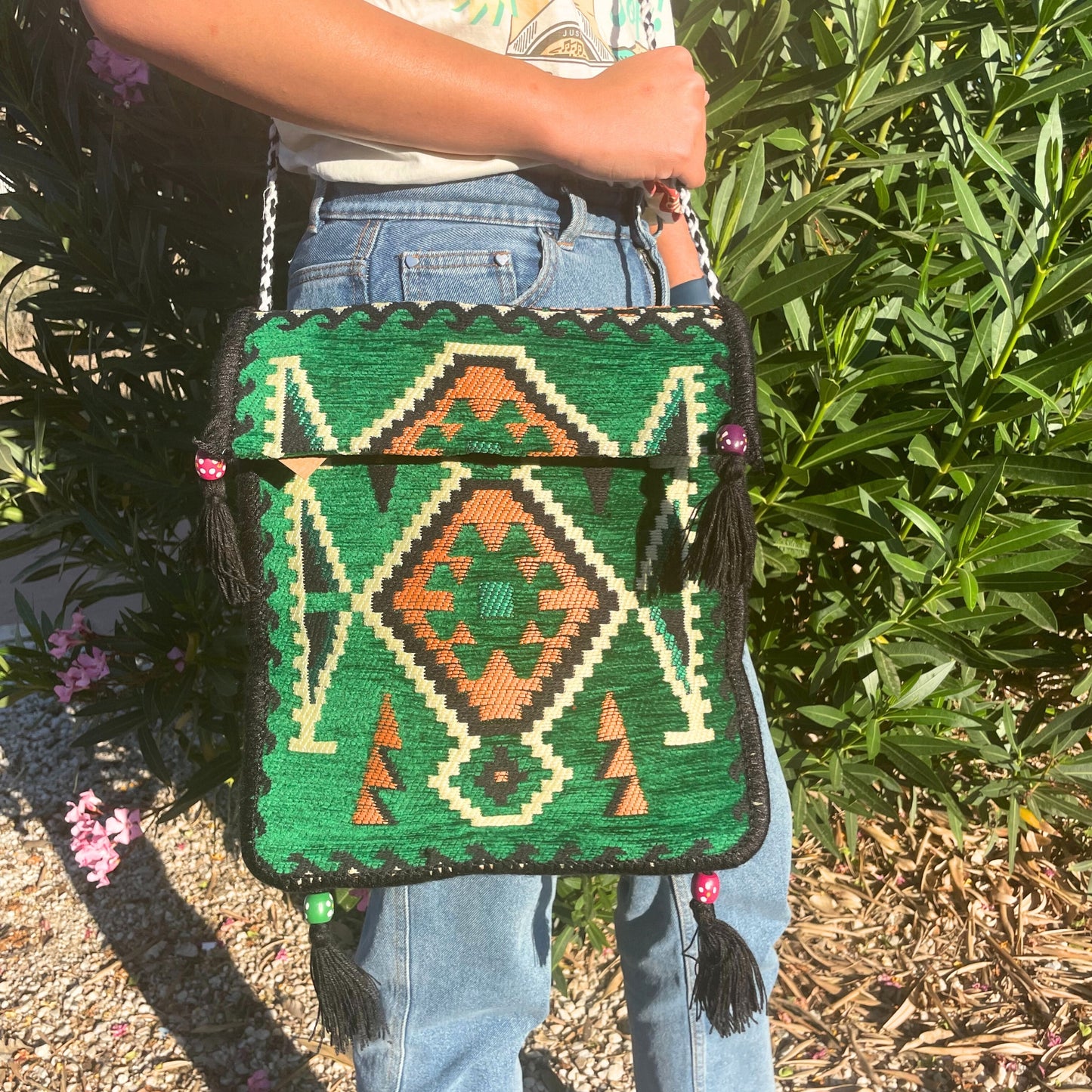 Sac bandoulière de soirée Kilim vert émeraude