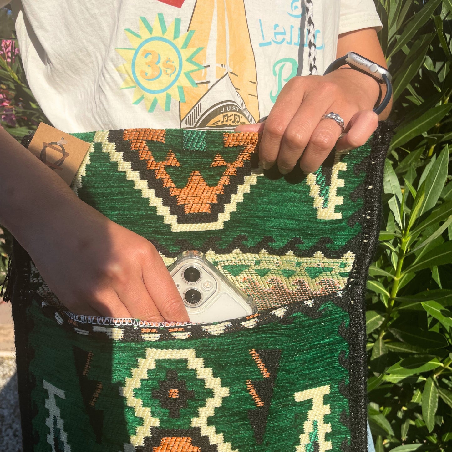 Sac bandoulière de soirée Kilim vert émeraude