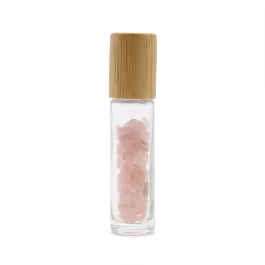 Flacon à bille pour huiles essentielles en quartz rose avec bouchon en bois
