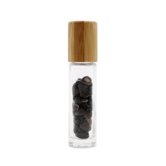 Flacon à bille pour huiles essentielles en pierres précieuses – Tourmaline noire – Bouchon en bois