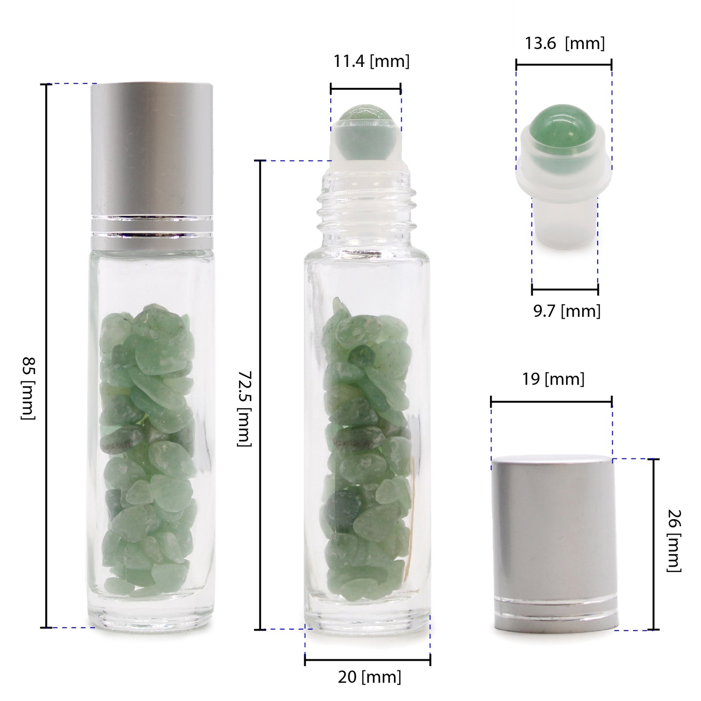 Flacon à bille pour huiles essentielles en pierre précieuse – Aventurine – Bouchon argenté