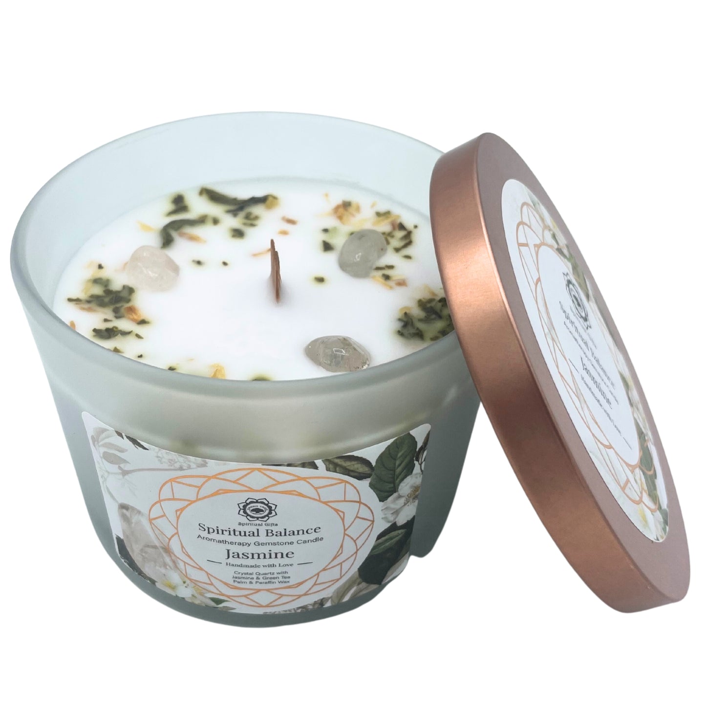 Bougie au jasmin et aux pierres précieuses de quartz cristallin - Équilibre spirituel