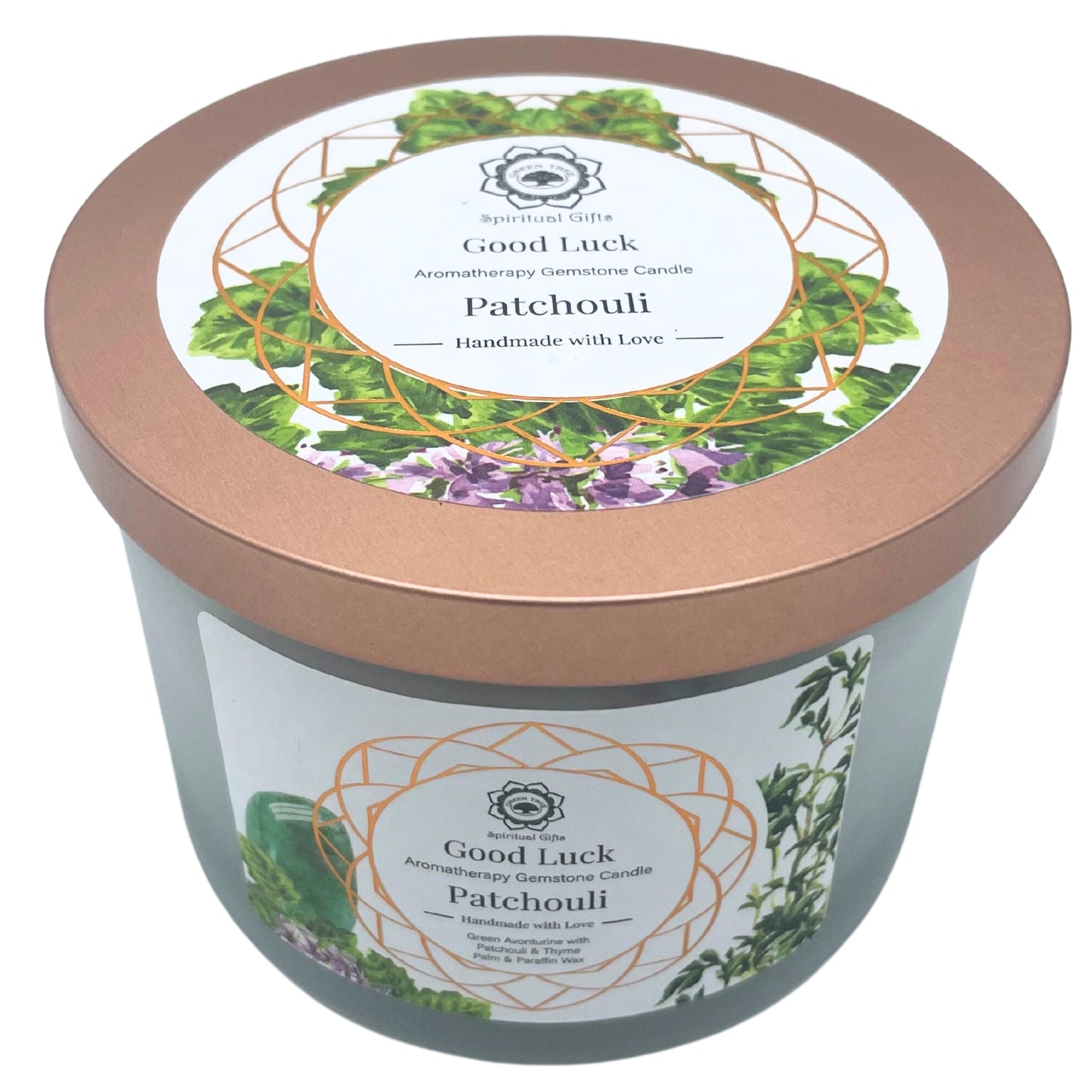 Bougie en pierres précieuses patchouli et aventurine verte - Bonne chance