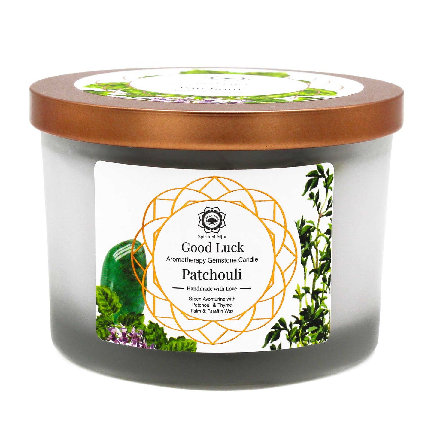 Bougie en pierres précieuses patchouli et aventurine verte - Bonne chance