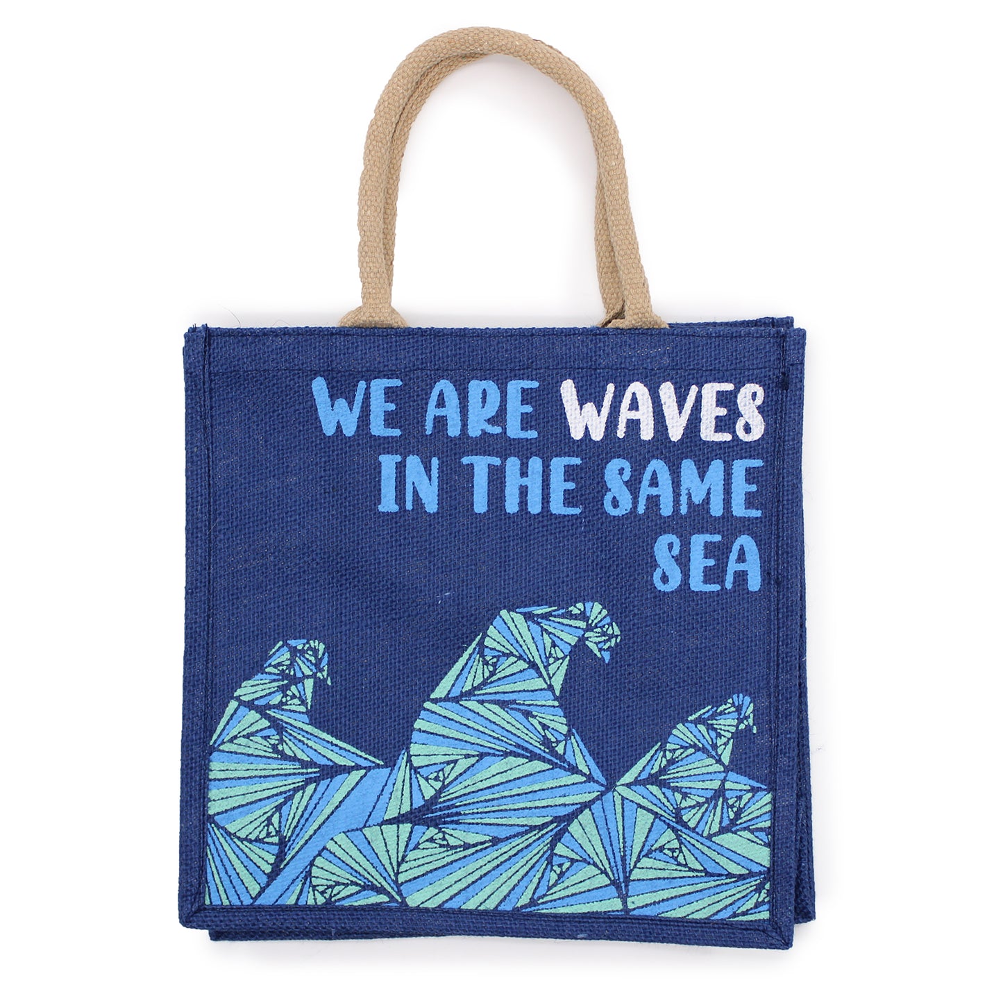 Sac en jute imprimé - We are waves - Gris, Bleu et Naturel