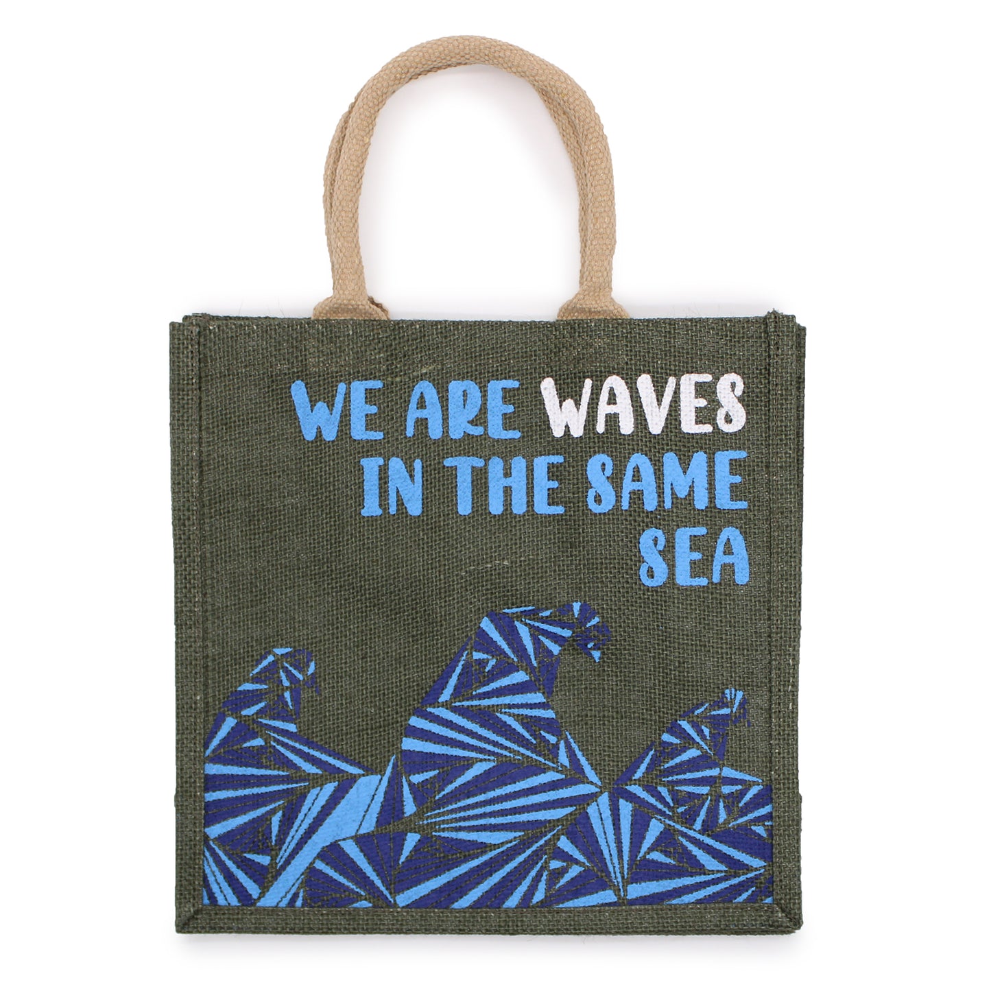 Sac en jute imprimé - We are waves - Gris, Bleu et Naturel