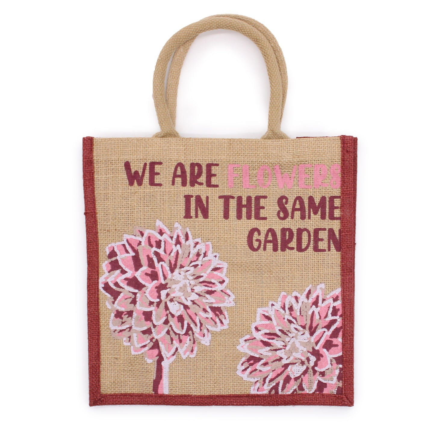 Sac en jute imprimé - Nous sommes des fleurs - Olive, Rose et Naturel