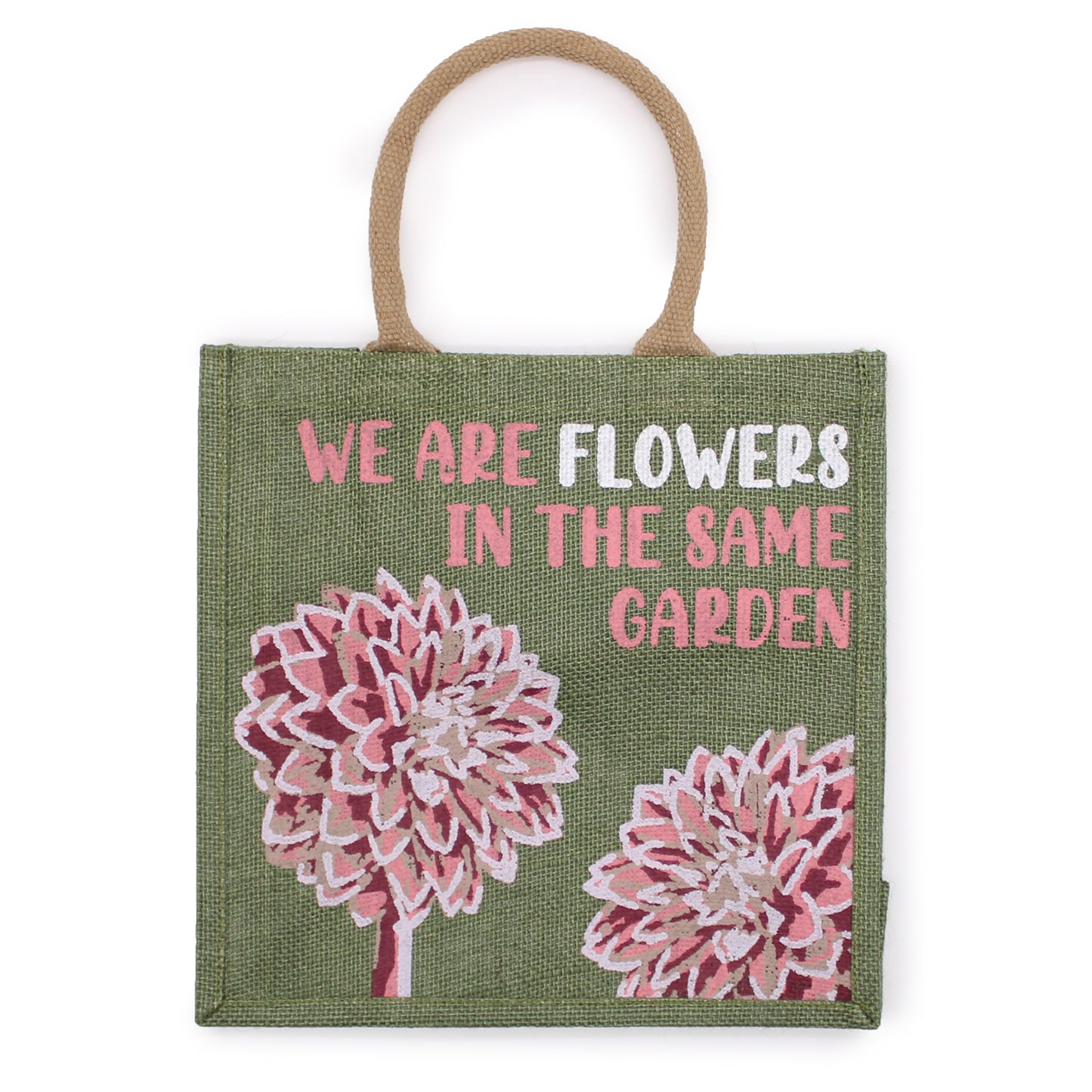 Sac en jute imprimé - Nous sommes des fleurs - Olive, Rose et Naturel