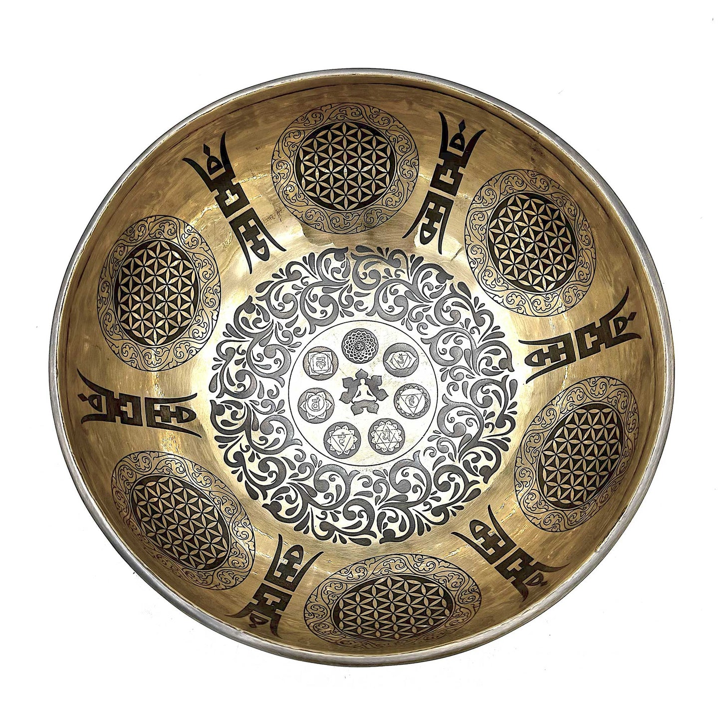 Bol chantant tibétain gravé de guérison - 21 cm - 5 Bouddhas