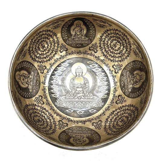Bol chantant tibétain gravé de guérison - 21 cm - 5 Bouddhas