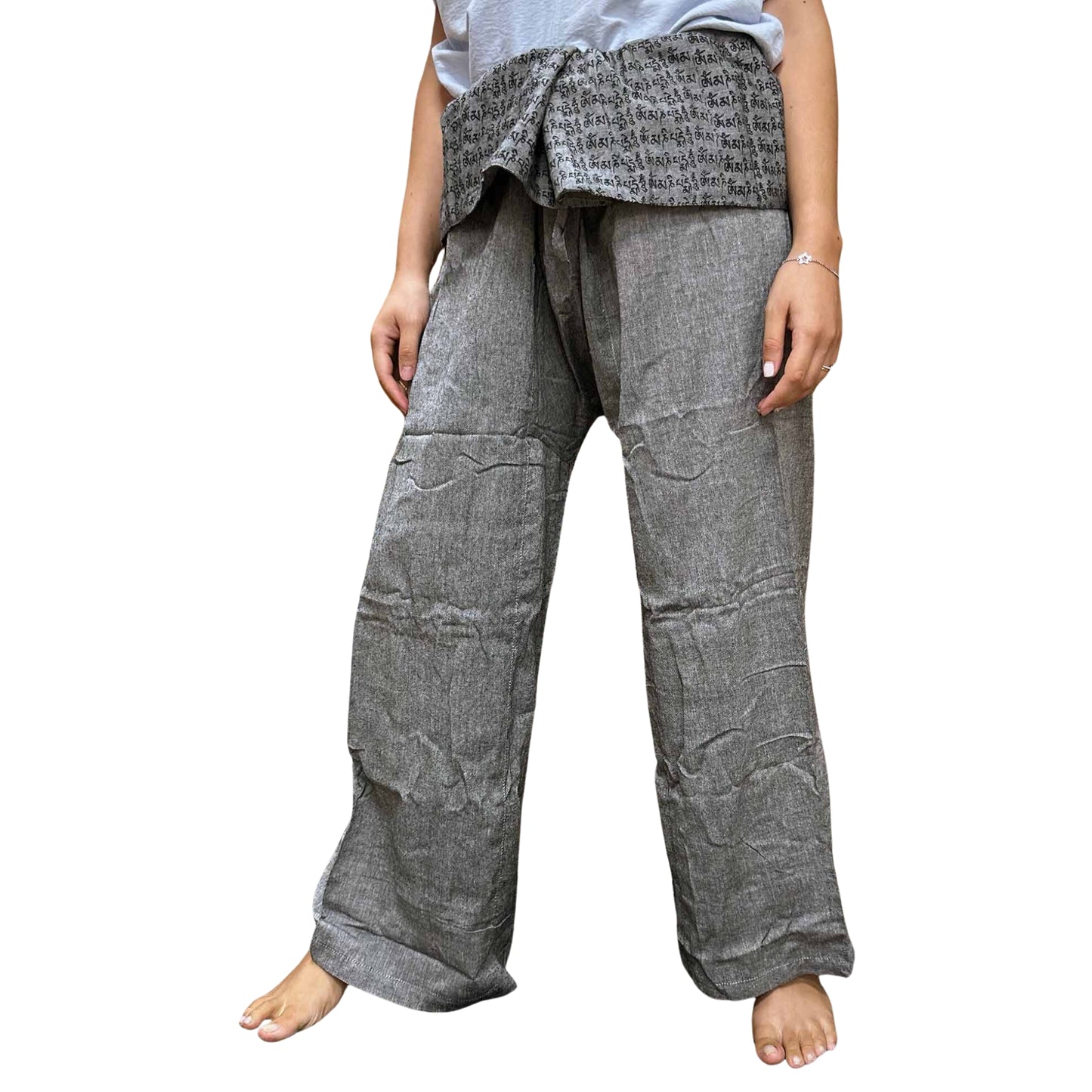 Pantalon de yoga et de festival - Mantra mandala du pêcheur thaïlandais en gris
