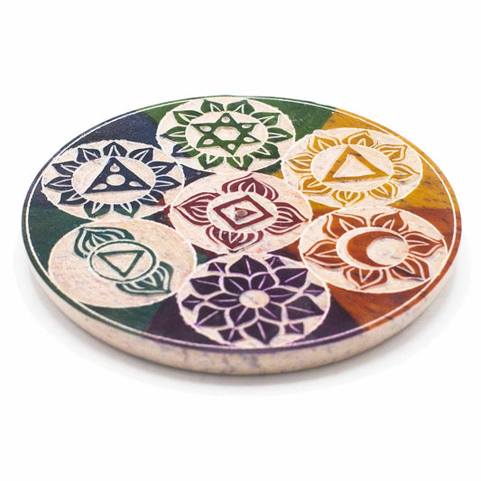 Porte-encens en forme de disque en stéatite 10 cm - Sept chakras