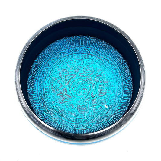 Bol chantant tibétain en poudre de terre - Mantra des cinq Bouddhas bleu - 16 cm