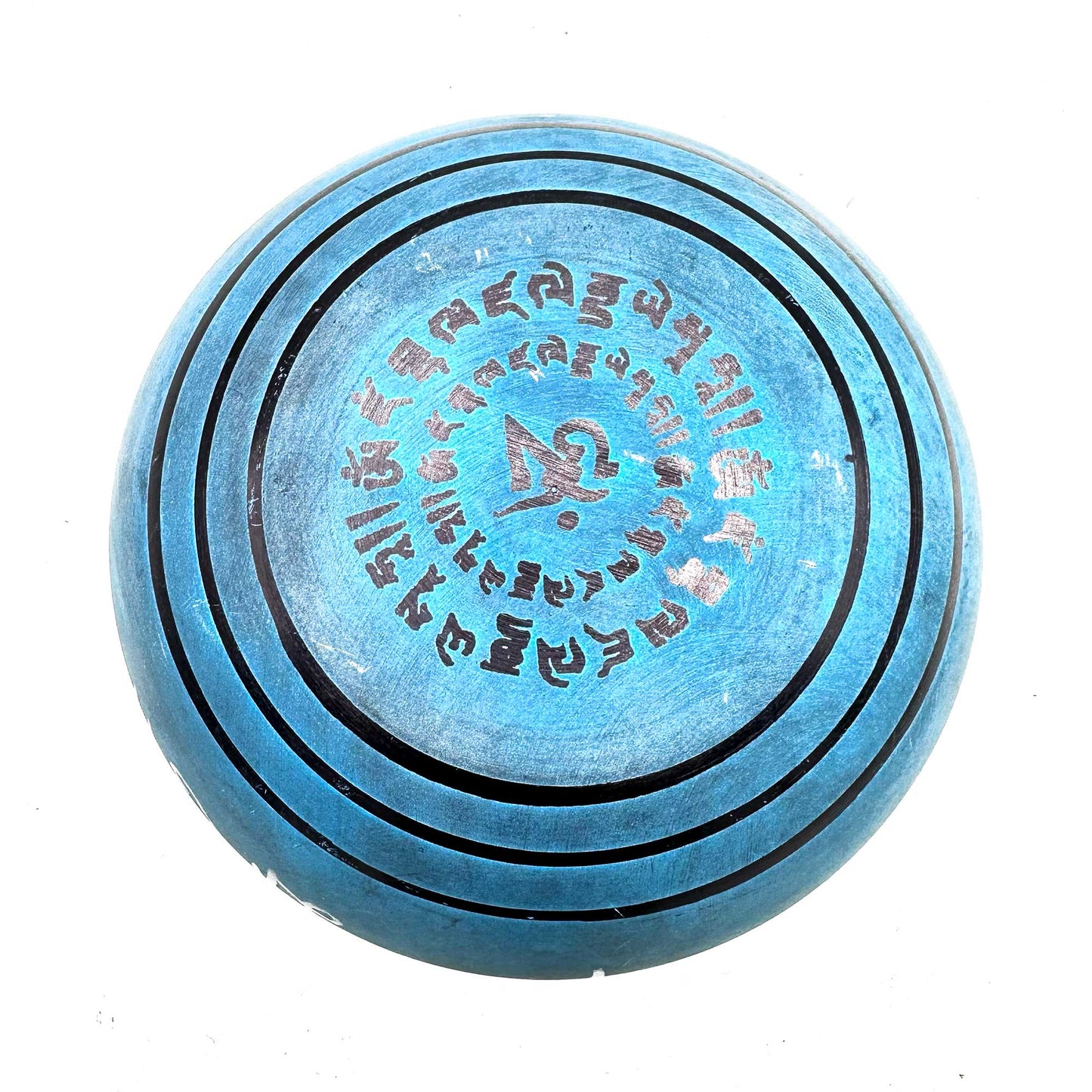 Bol chantant tibétain en poudre de terre - Mantra des cinq Bouddhas bleu - 16 cm