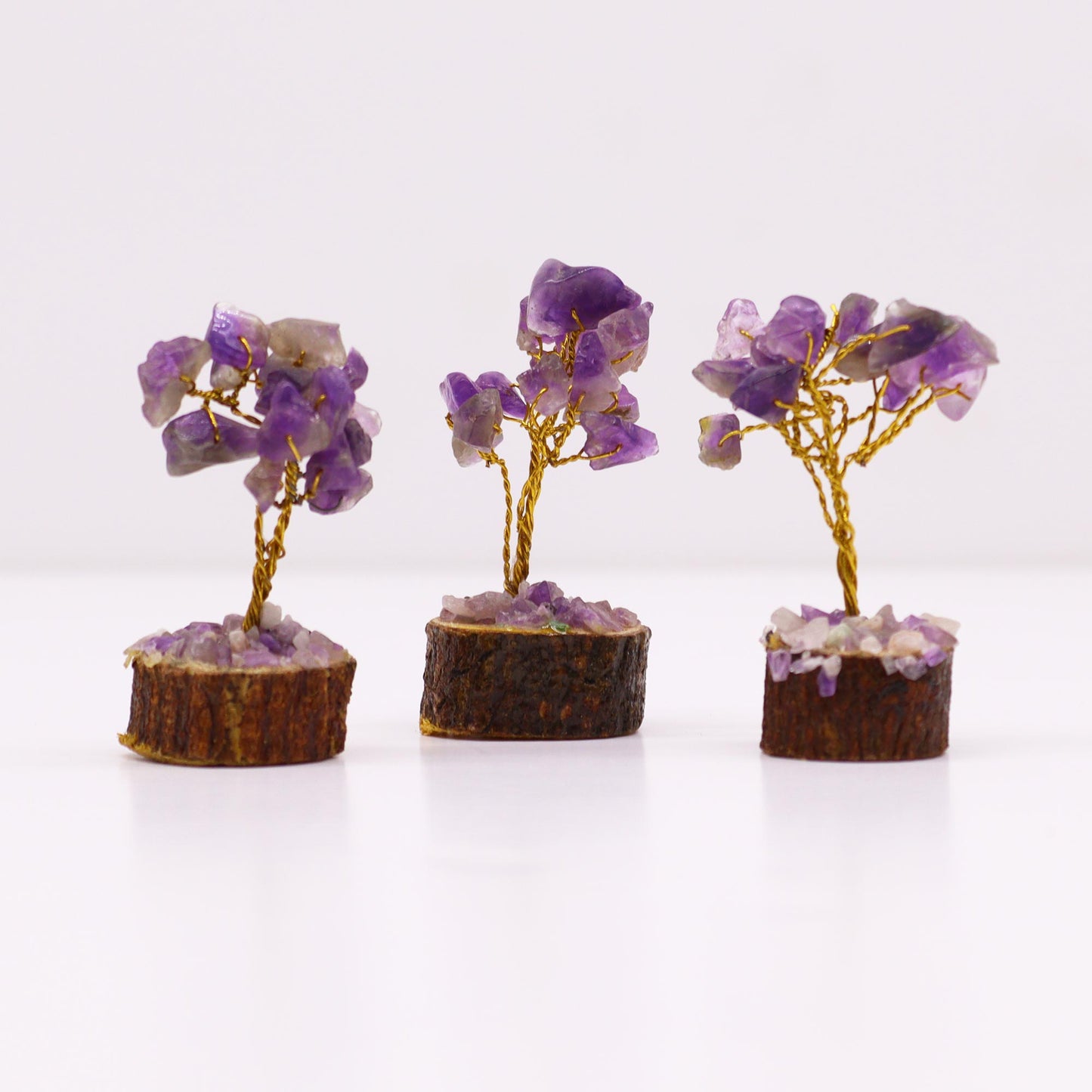 Mini arbre à pierres précieuses sur socle en bois - Améthyste (15 pierres)