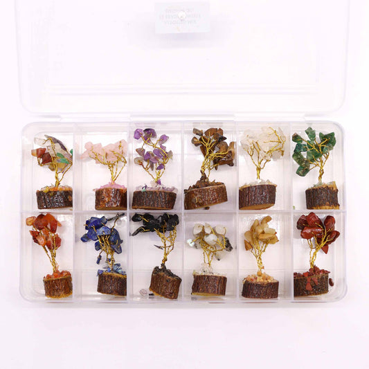 12 mini arbres à pierres précieuses sur socle en bois - Assortiment de 15 pierres