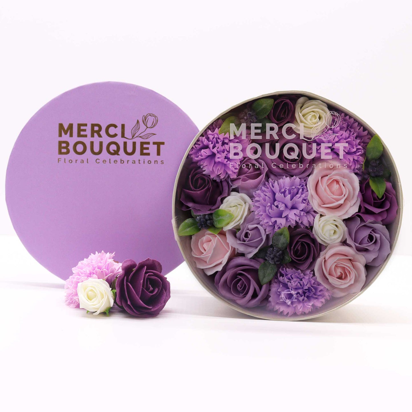 Boîte ronde - Rose lavande et œillet