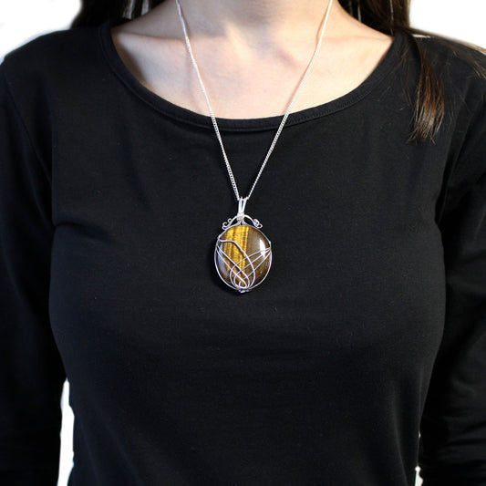 Collier en pierres précieuses enveloppées en cascade - Œil de tigre brut