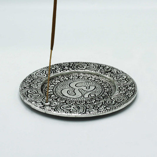 Runder Om-Räucherstäbchenhalter aus poliertem Aluminium, 11 cm
