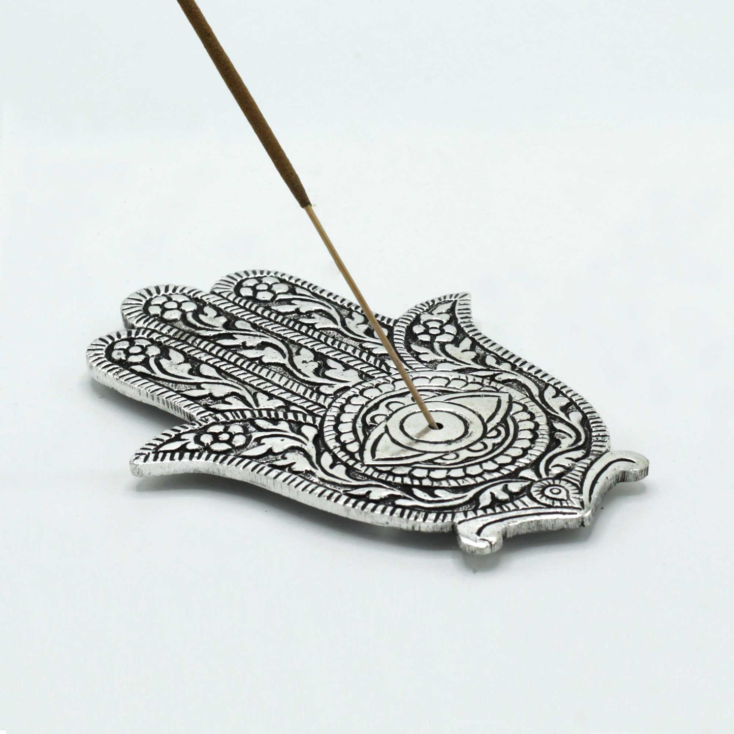 Räucherstäbchenhalter Hamsa aus poliertem Aluminium, 14 cm