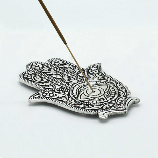 Räucherstäbchenhalter Hamsa aus poliertem Aluminium, 14 cm