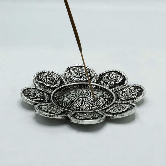 Räucherstäbchenhalter mit tibetischen Symbolen, poliertes Aluminium, 12 cm