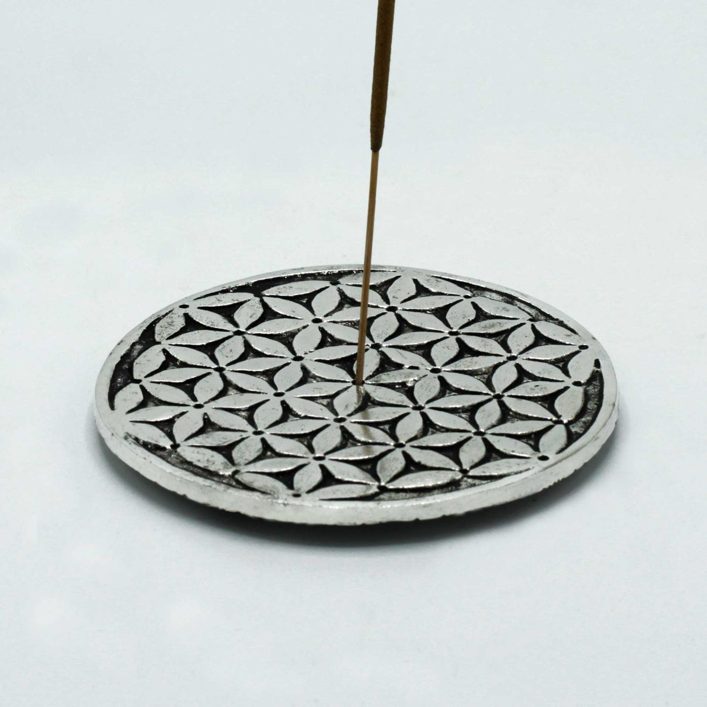 Blume des Lebens Räucherstäbchenhalter, poliertes Aluminium, 11 cm
