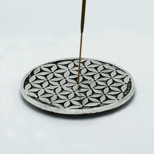 Blume des Lebens Räucherstäbchenhalter, poliertes Aluminium, 11 cm
