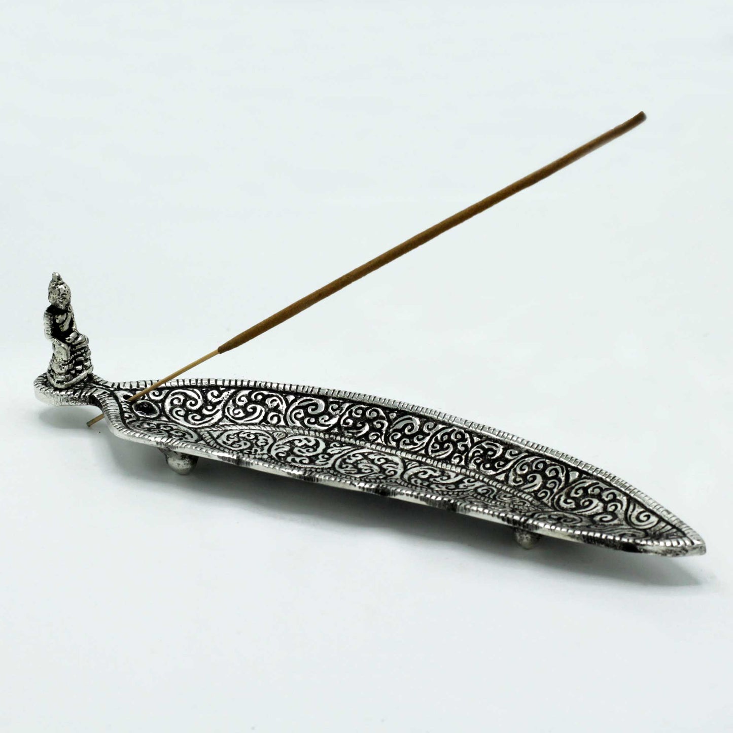 Langer Räucherstäbchenhalter Buddha Poliertes Aluminium 23cm