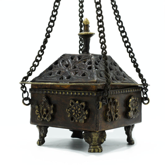 Brûleur tibétain en laiton - Pendentif carré huit symboles