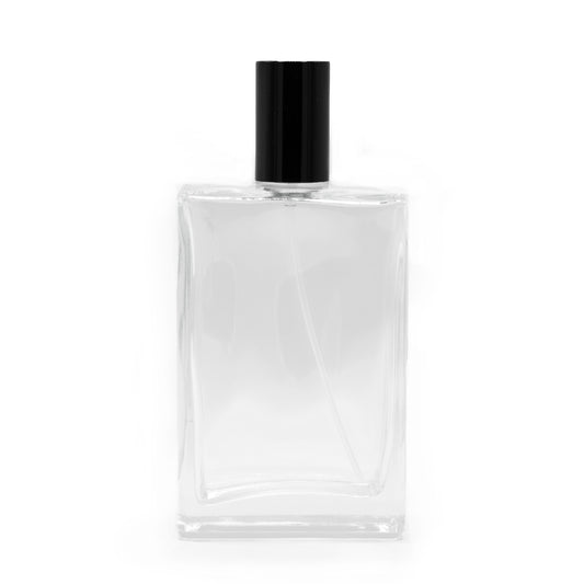 Flacon carré épais de 100 ml, spray et bouchon noirs
