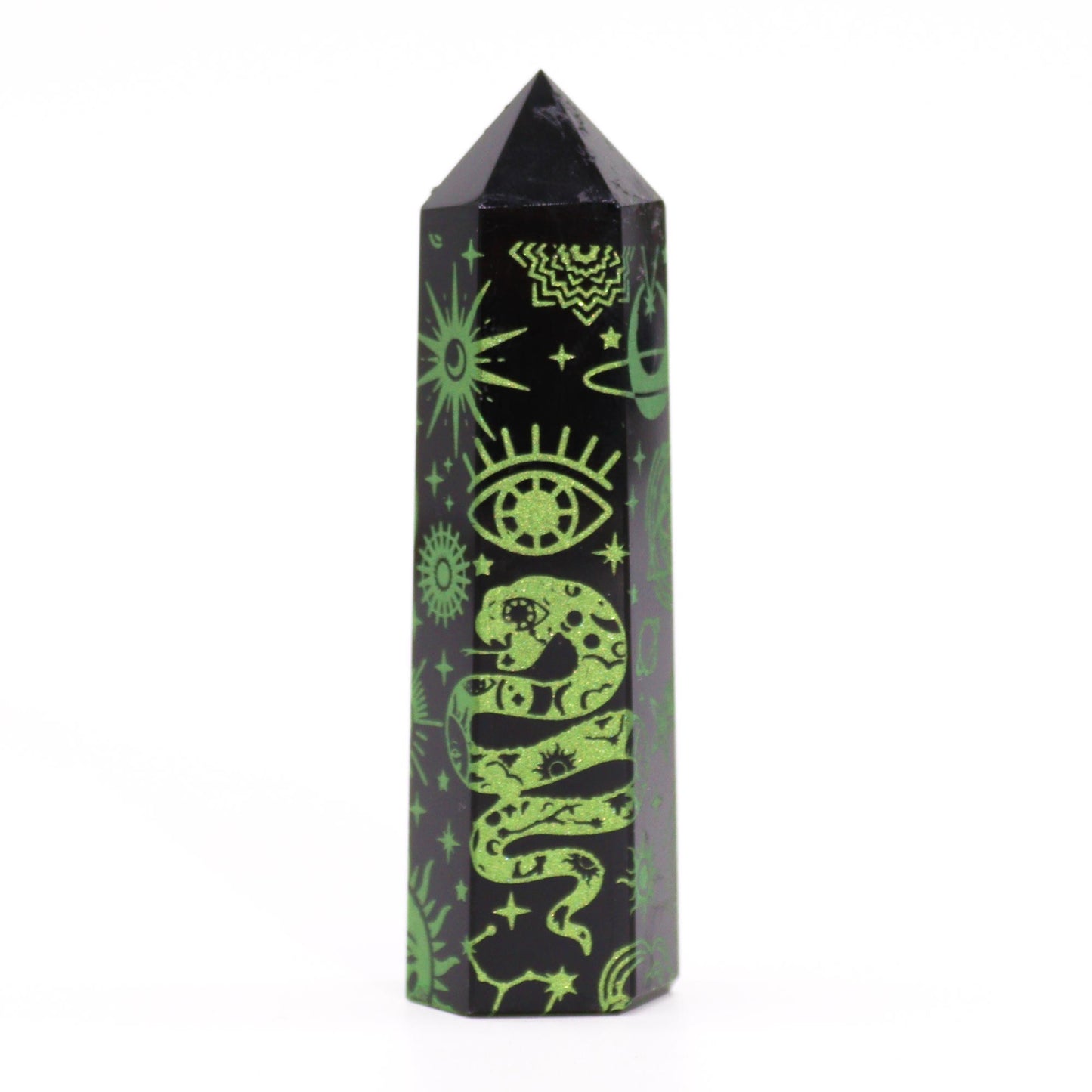 Schwarze Obsidianspitzen (ca. 60–70 g, 9 cm) – Mystische Geschichte – Grün