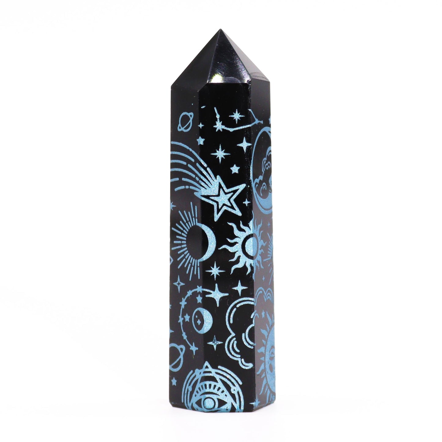 Schwarze Obsidianspitzen (ca. 60–70 g, 9 cm) – Mystische Geschichte – Himmelblau