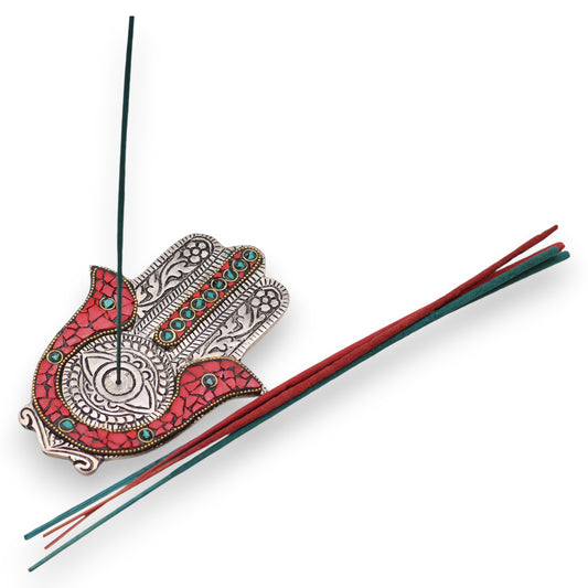 Kleiner roter und grüner Hamsa-Räucherstäbchenhalter, 13 x 5,5 cm