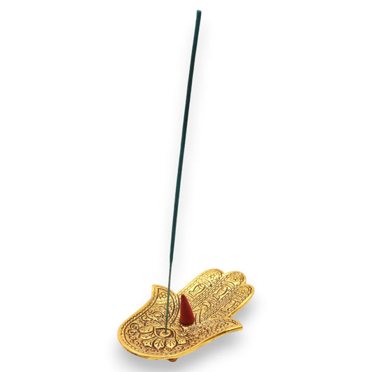 Kleiner Hamsa-Räucherstäbchenhalter, Gold, Aluminium, 13 x 5,5 cm