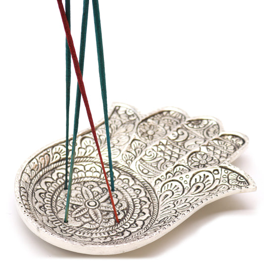 Räucherstäbchenhalter Hamsa aus poliertem Aluminium, 18 x 13 cm