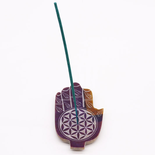Porte-encens en stéatite Hamsa de taille moyenne (13 x 9 cm) – Fleur de vie