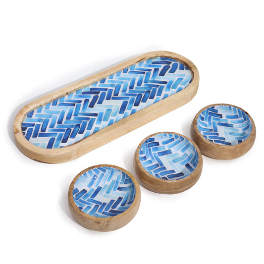 Mangoholztablett mit 3 Schalen - Blaue Streifen