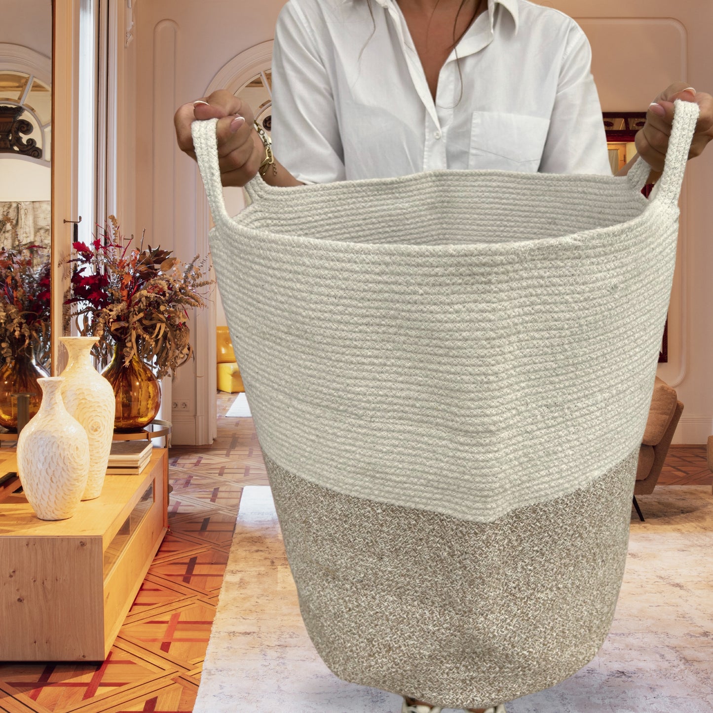 Großer Korb aus Baumwollseil 45x40cm - Beige