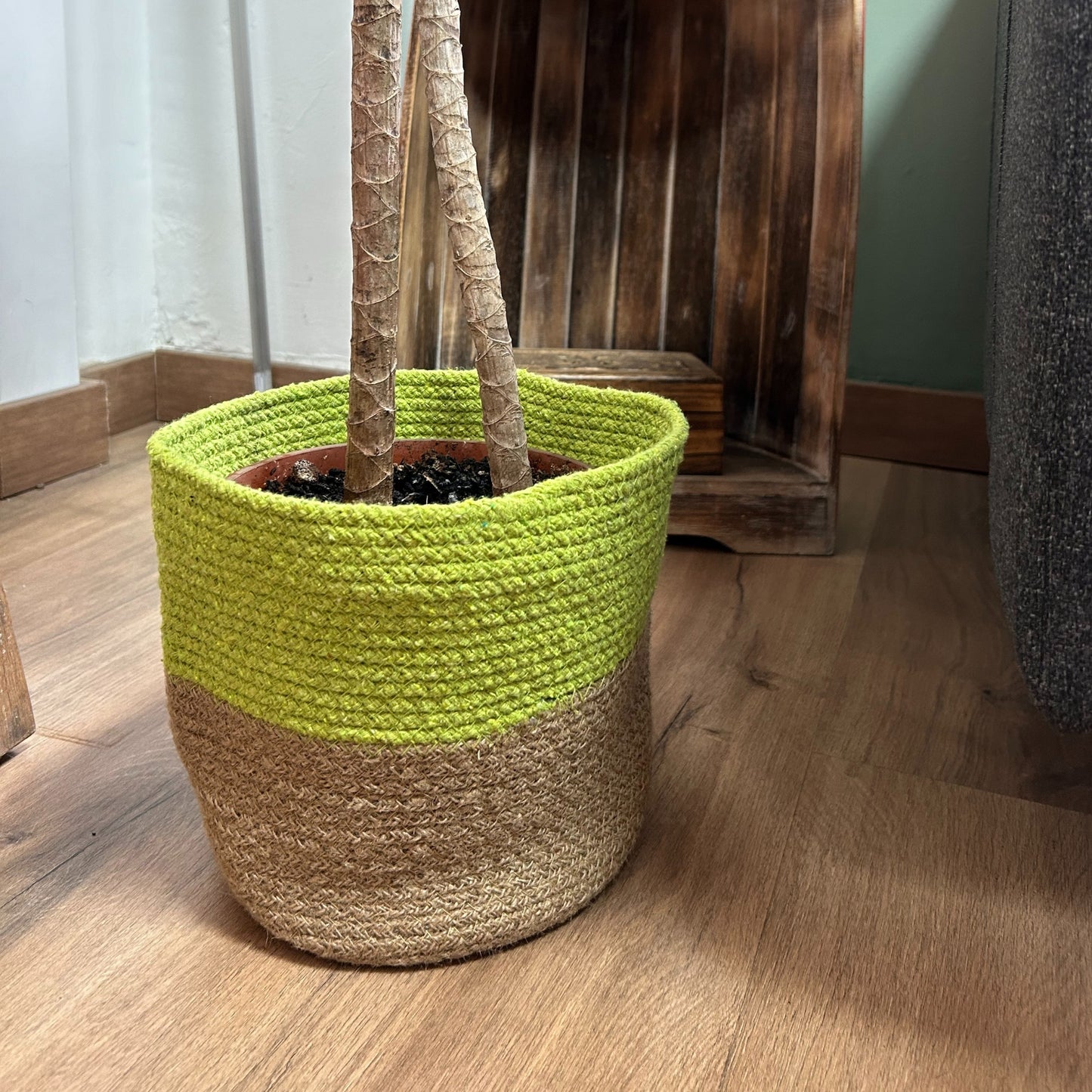 3er-Set Körbe aus Baumwolle und Jute - Pistazie