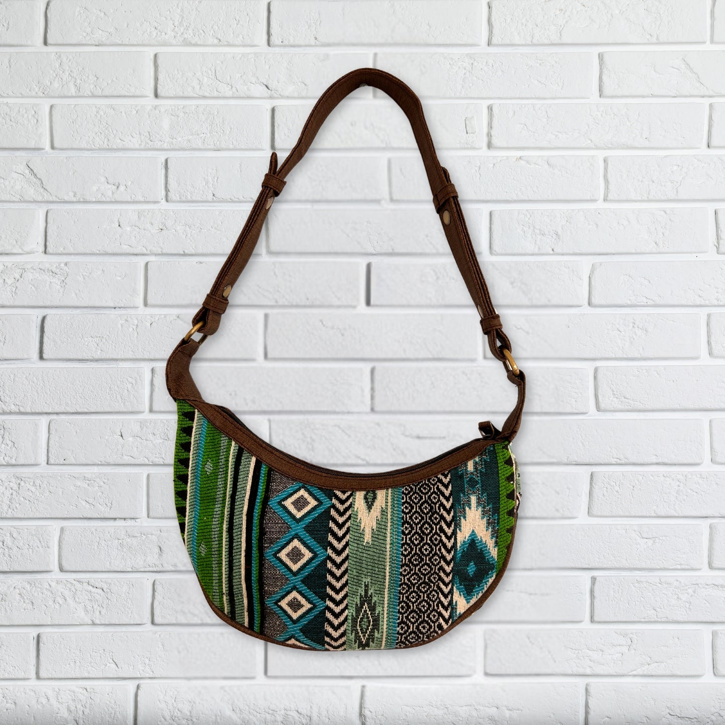 Sac hobo Jacquard - Verts audacieux (bandoulière marron)