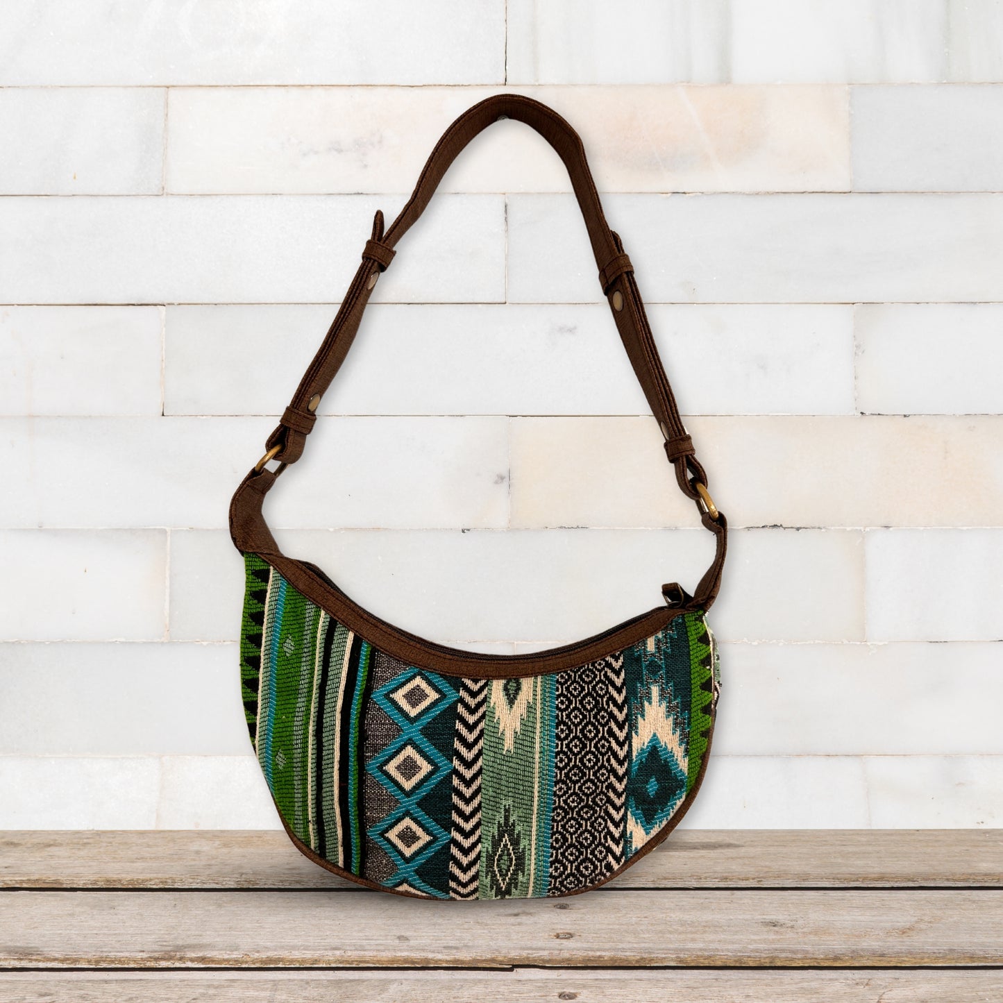Sac hobo Jacquard - Verts audacieux (bandoulière marron)