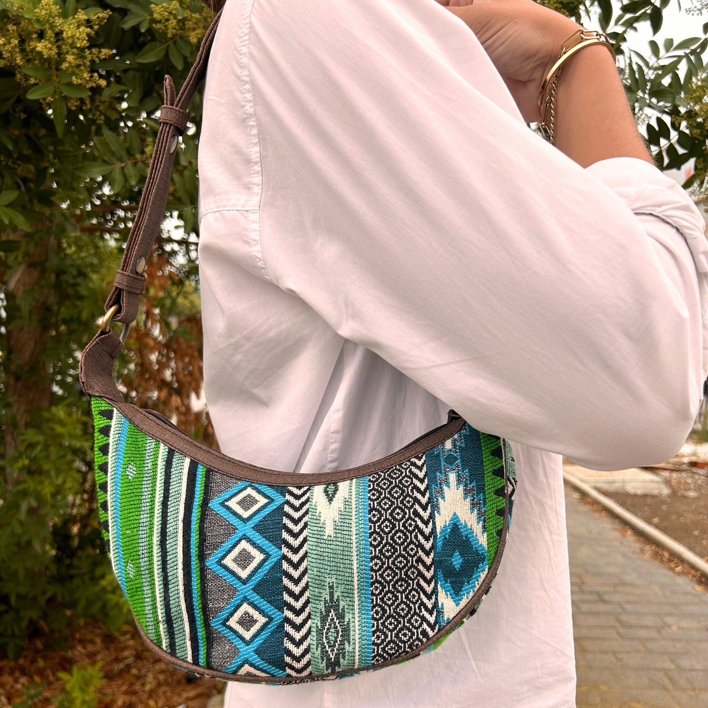 Sac hobo Jacquard - Verts audacieux (bandoulière marron)