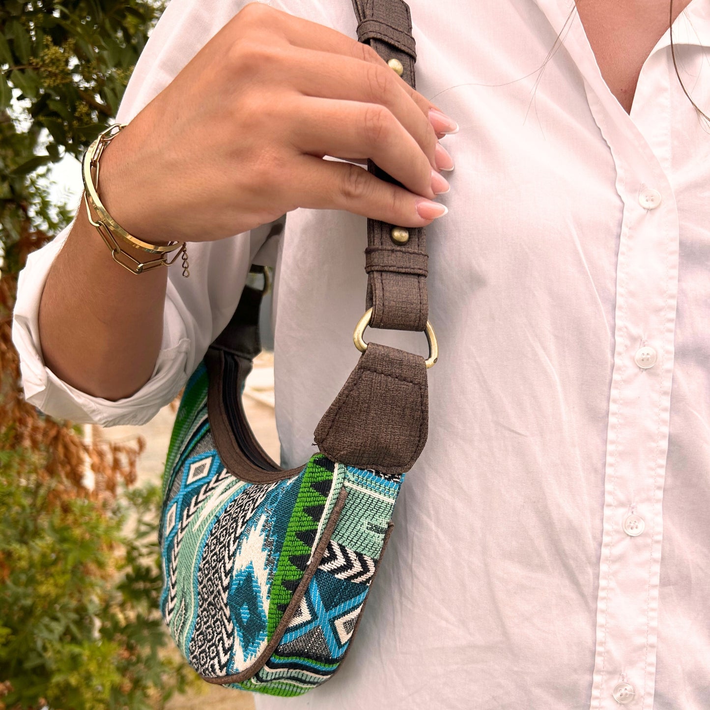 Sac hobo Jacquard - Verts audacieux (bandoulière marron)