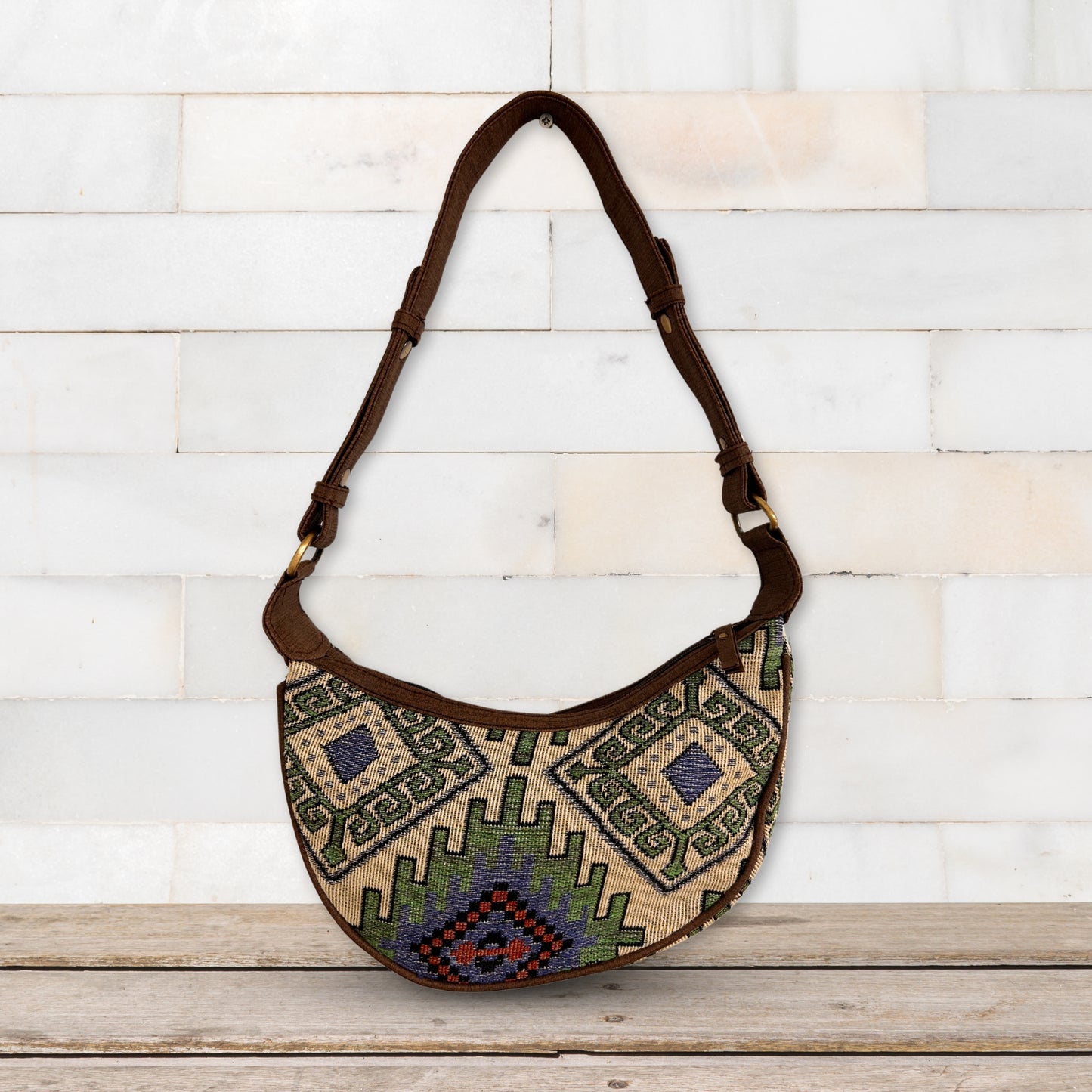 Sac hobo Jacquard - Géo-Vert (Bandoulière Marron)