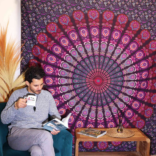 Baumwoll-Doppelsteppdecke + Wandbehang - Mandala Pfau - Lila