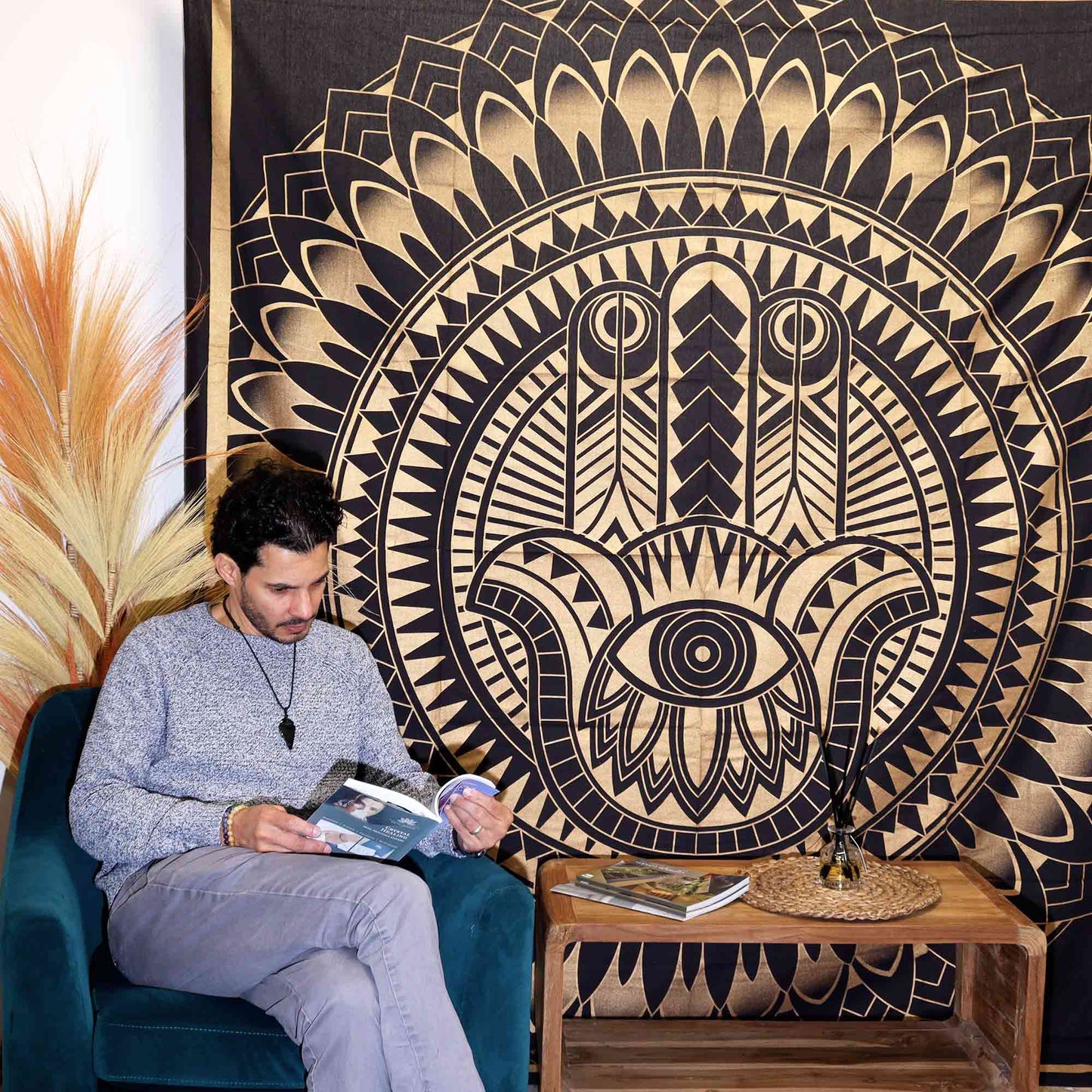 Doppelte Baumwolldecke + Wandbehang - Hamsa - Schwarzgold